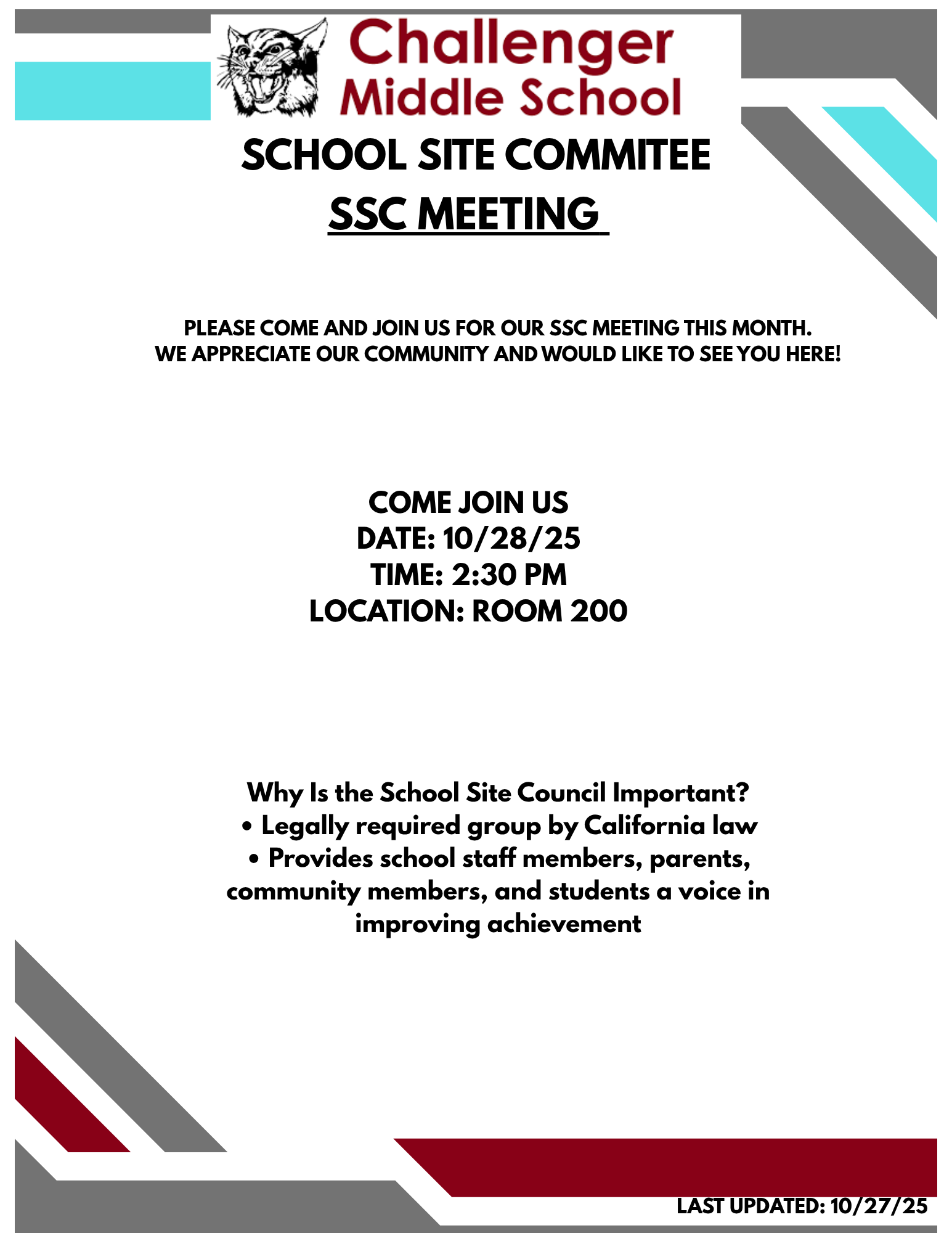 Flyer for School Site Council meeting, it has the Challenger Middle School logo.